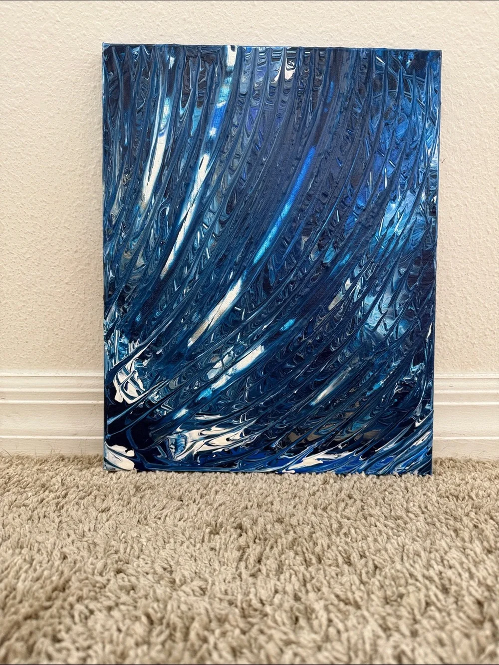 Navy White/Silver Accents Abstract Wave Canvas Art Handmade new art piece
